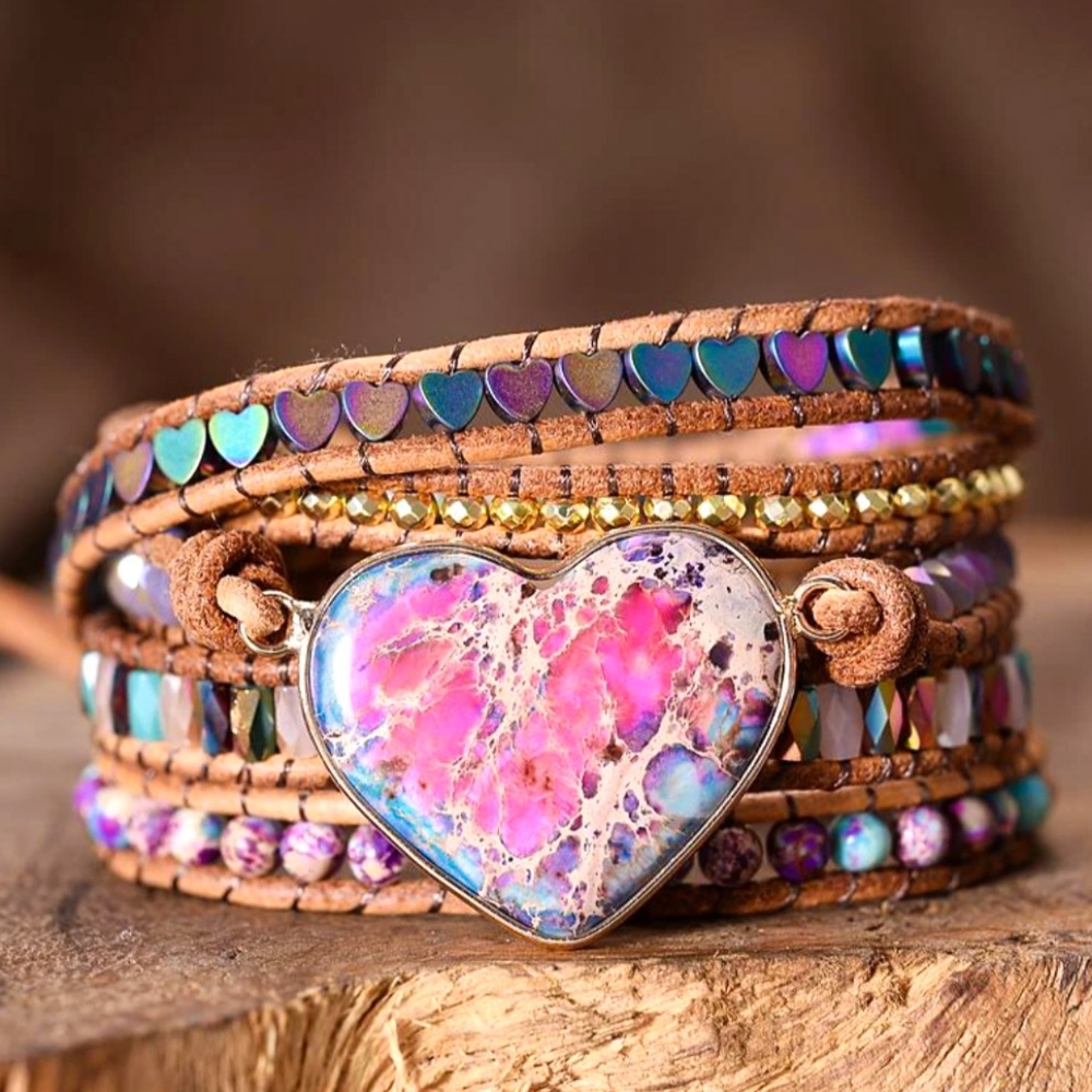 Jasper Leather Handmade Beaded Wrap Bracelet - Picture 6 of 7